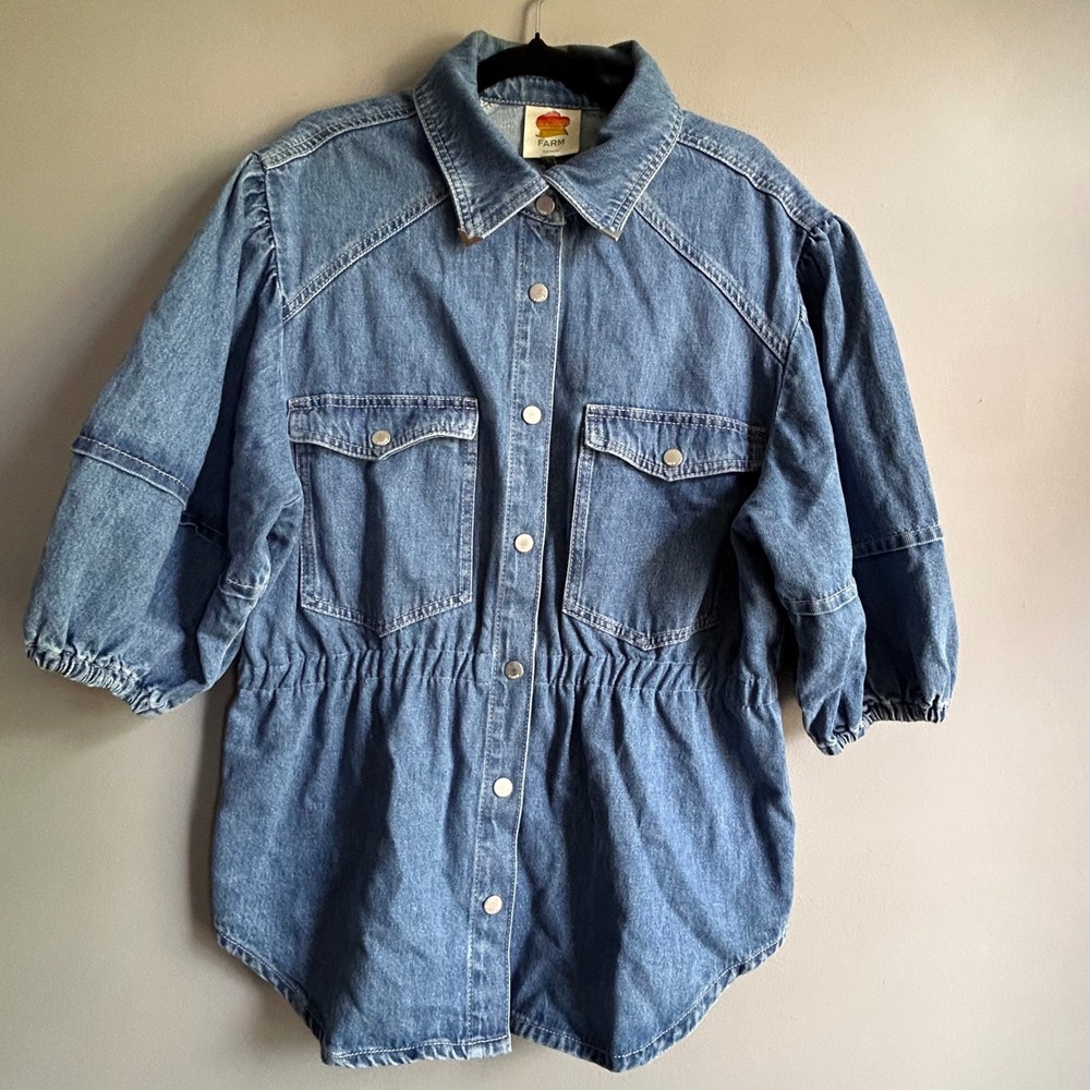 Farm Rio Medium Wash Denim Puff Sleeve Cinched Waist Jacket Womens Large